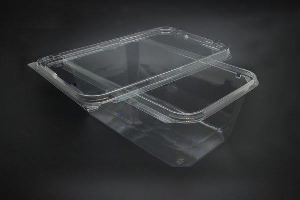 Two clear plastic containers with lids on a black background.
