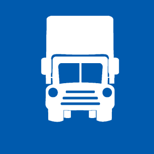 A white truck icon on a blue background.