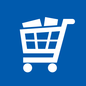 A shopping cart icon on a blue background.