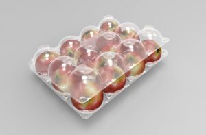 A tray of apples in a clear plastic container.